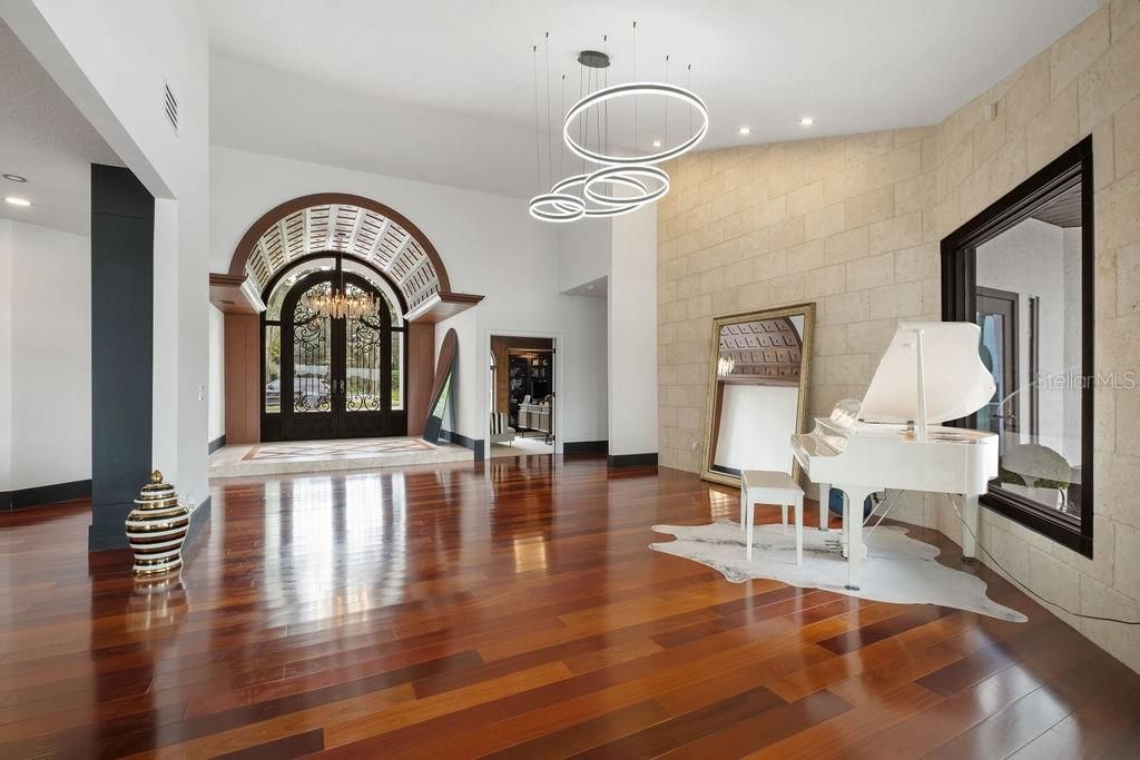 Interior, Pendant Lights, Recessed Lighting, Stone Walls, Wood Texture Flooring