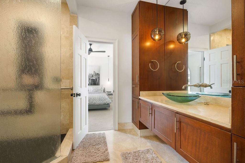 Bathroom, Bedroom, Glass Shower, Interior, Pendant Lights