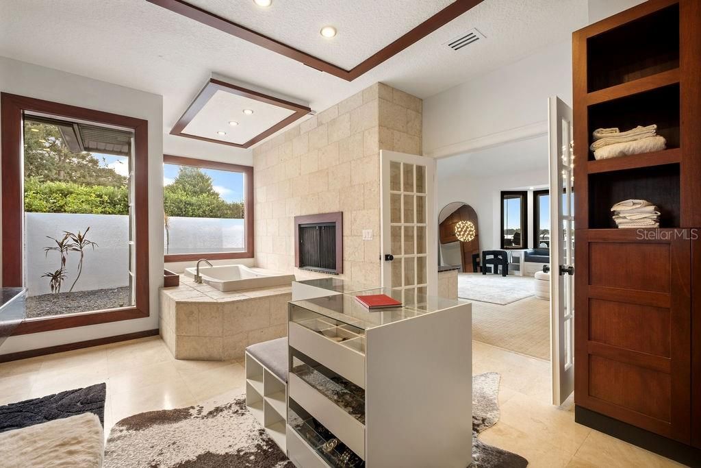 Fireplace, Interior, Living room, Recessed Lighting, Stone Walls