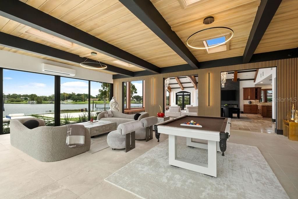 Billiard Table, Game Room, Interior, Living room, Pendant Lights, Water, Wooden Ceilings