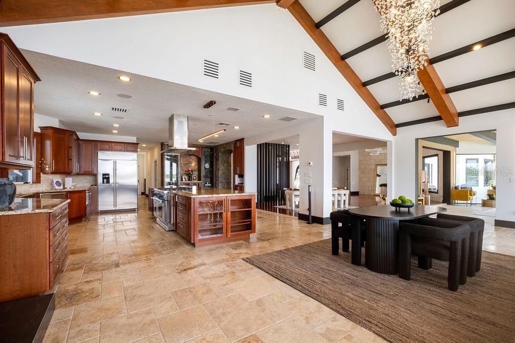 Dining room, Interior, Kitchen, Pendant Lights, Recessed Lighting, Stainless Steel Appliances, Wooden Beams