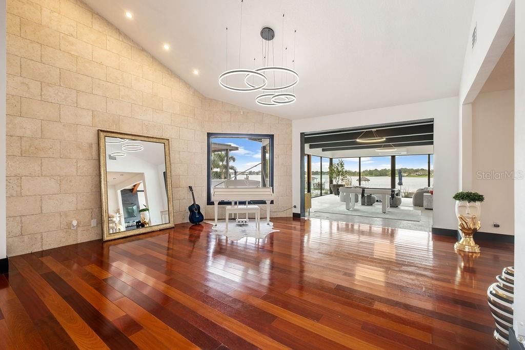 Interior, Pendant Lights, Piano, Recessed Lighting, Stone Walls, Wood Texture Flooring