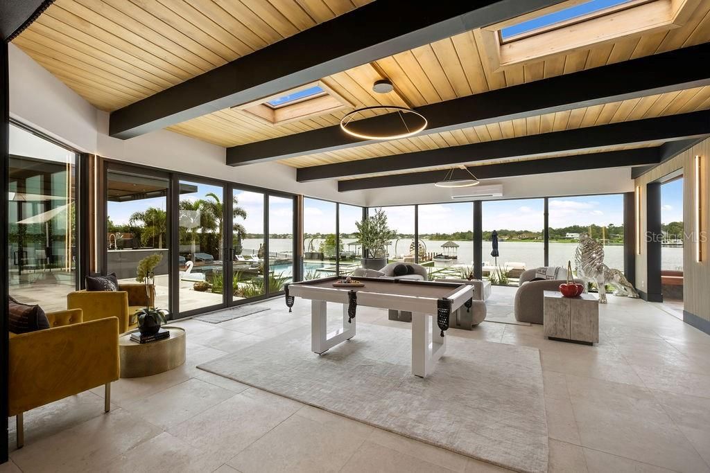 Billiard Table, Game Room, Interior, Pendant Lights, Water, Wooden Beams, Wooden Ceilings