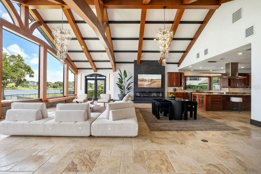 Dining room, Interior, Kitchen, Living room, Recessed Lighting, Water, Wooden Beams