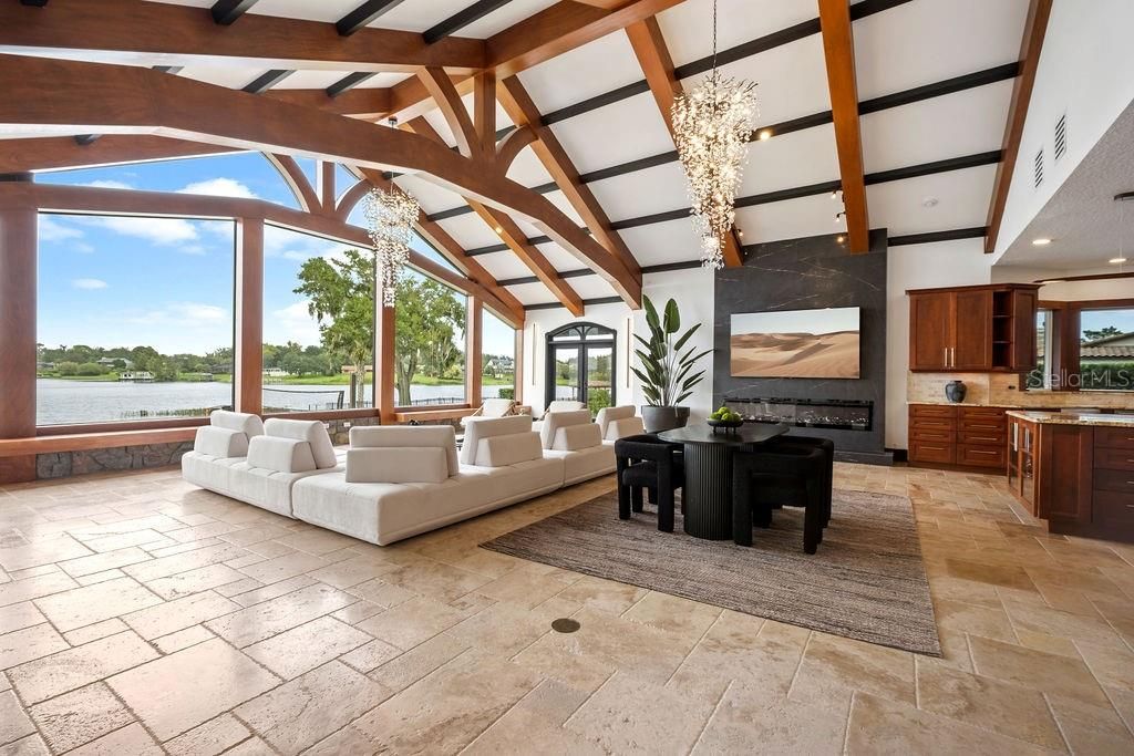 Fireplace, Interior, Living room, Sun Room, Water, Wooden Beams