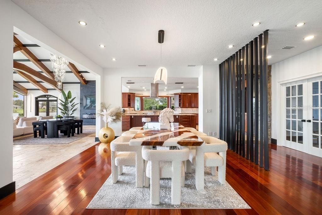 Dining room, Interior, Kitchen, Pendant Lights, Piano, Recessed Lighting, Wood Texture Flooring