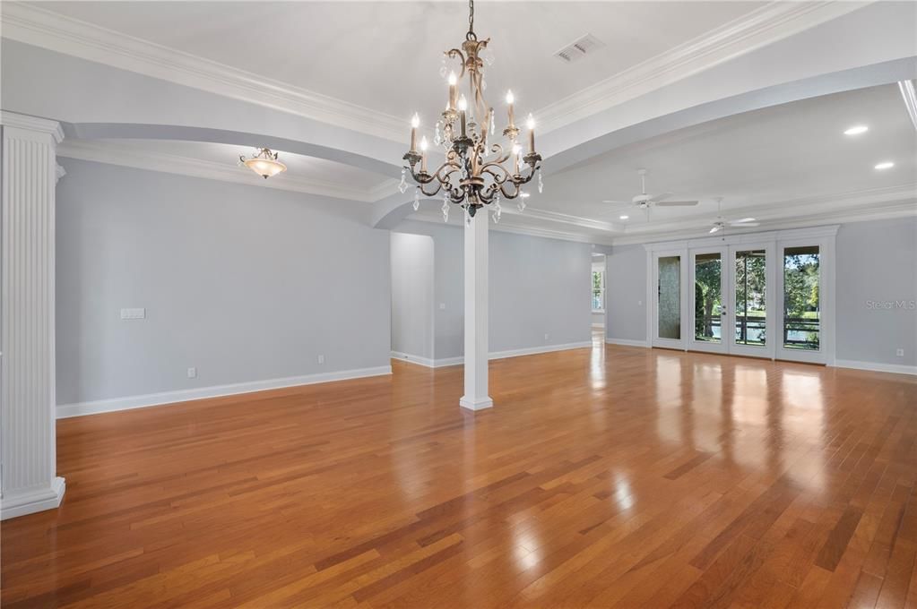 Chandelier, Empty room, Interior, Recessed Lighting, Wood Texture Flooring