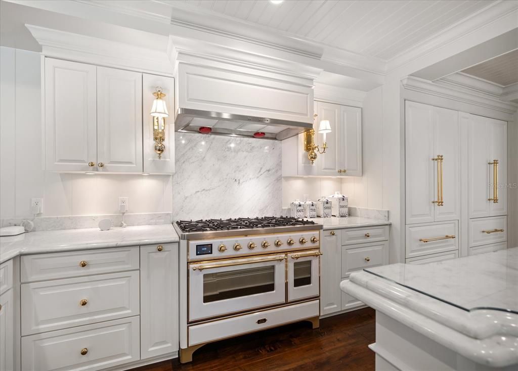 Interior, Kitchen, Marble Walls, Stainless Steel Appliances, Wood Texture Flooring