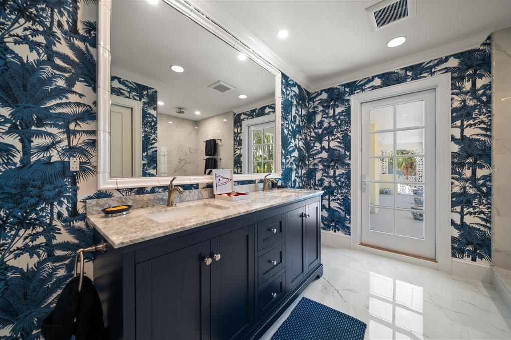 Bathroom, Dual Sink Vanities, Interior, Marble, Recessed Lighting