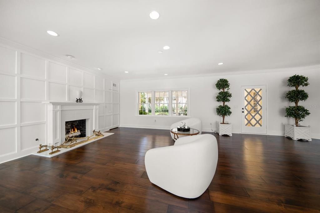 Fireplace, Interior, Recessed Lighting, Wood Texture Flooring