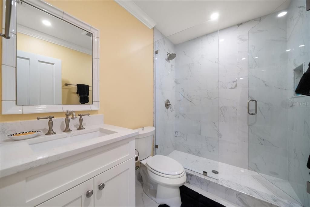 Bathroom, Glass Shower, Interior, Marble, Marble Walls, Recessed Lighting