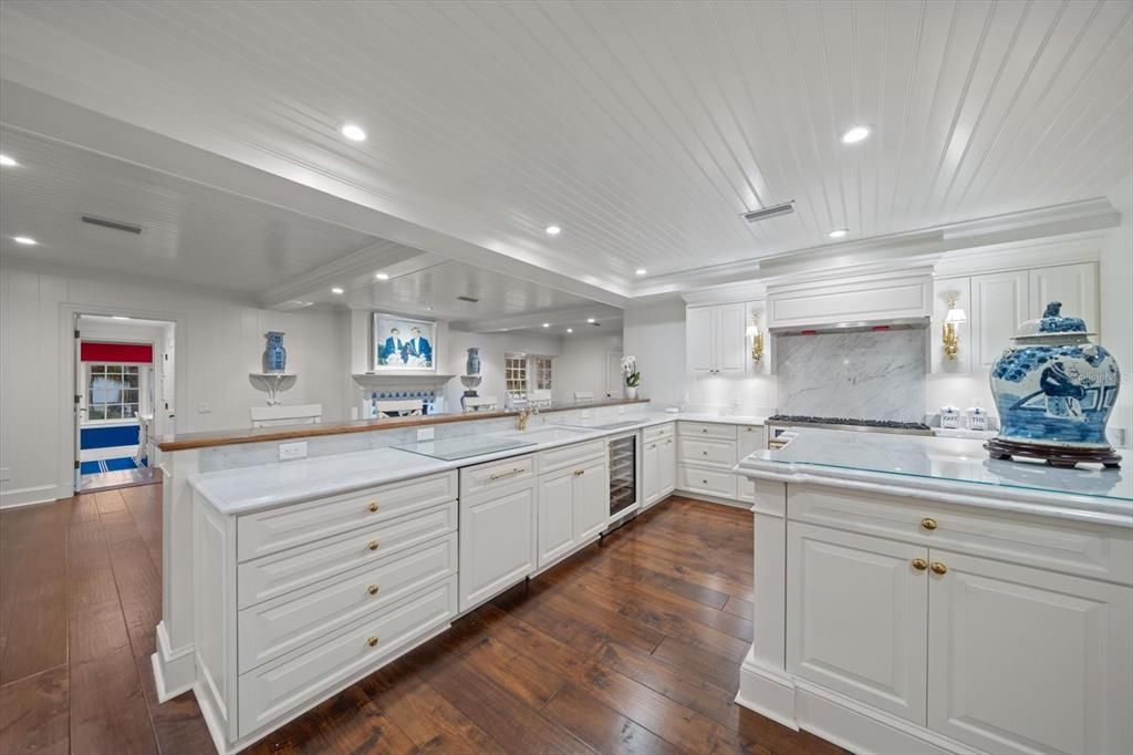 Interior, Kitchen, Marble Walls, Recessed Lighting, Wood Texture Flooring