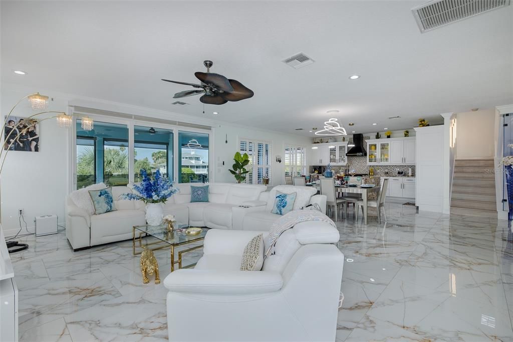 Dining room, Interior, Kitchen, Living room, Marble, Pendant Lights, Recessed Lighting