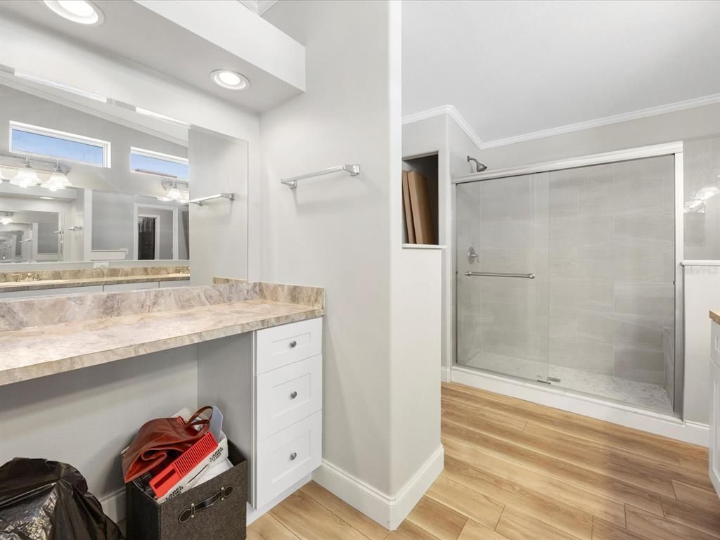 Bathroom, Glass Shower, Interior, Recessed Lighting, Wood Texture Flooring