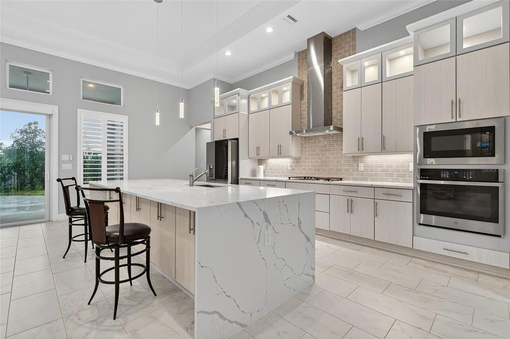 Interior, Kitchen, Marble, Pendant Lights, Recessed Lighting, Stainless Steel Appliances, Wood Texture Flooring