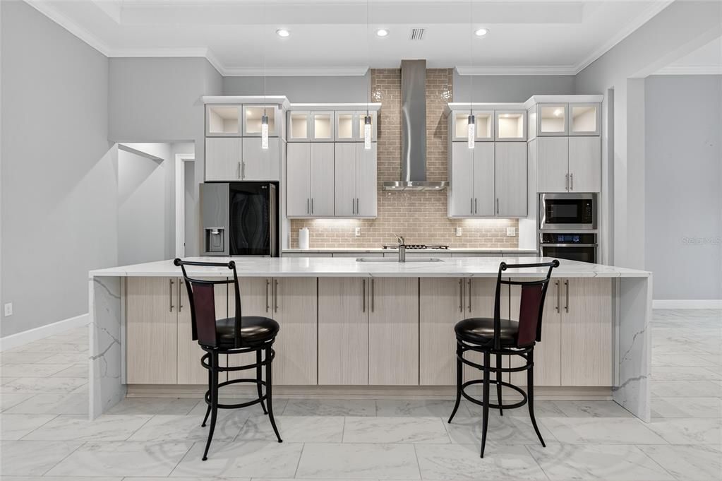 Interior, Kitchen, Marble, Pendant Lights, Recessed Lighting, Stainless Steel Appliances
