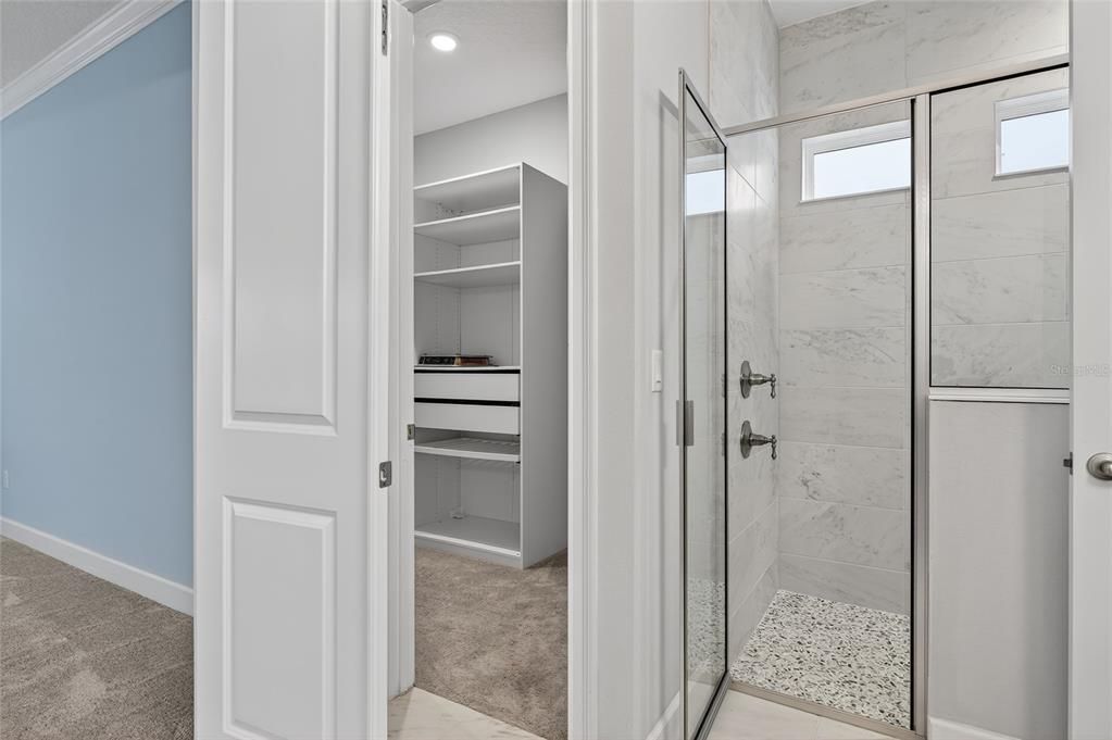 Bathroom, Glass Shower, Interior, Marble Walls, Recessed Lighting