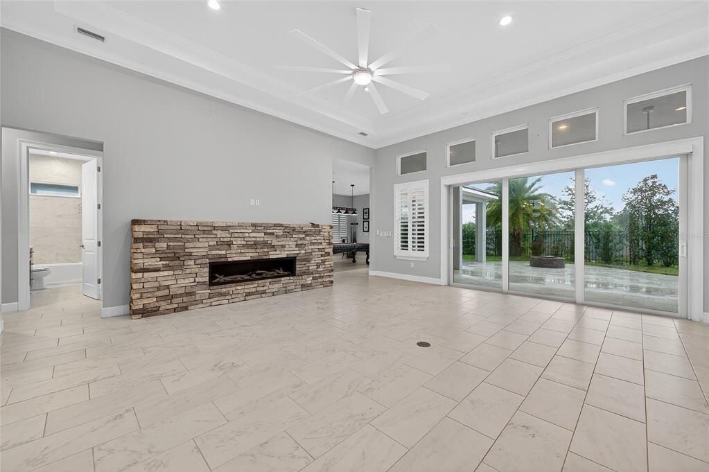 Empty room, Fireplace, Interior, Marble, Recessed Lighting