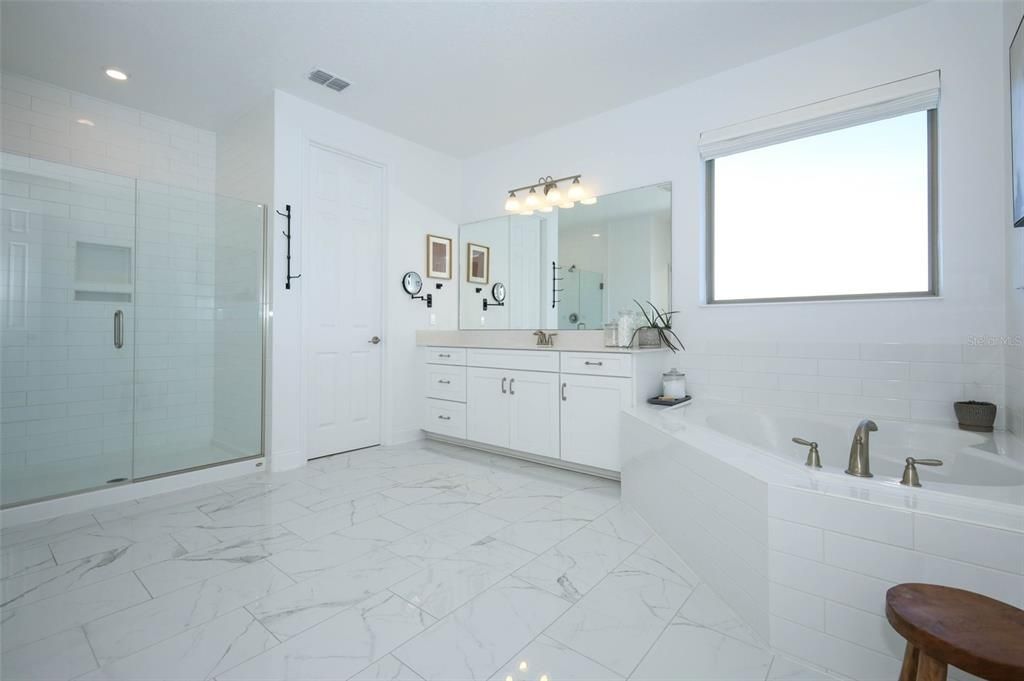 Bathroom, Dual Sink Vanities, Glass Shower, Interior, Marble, Recessed Lighting