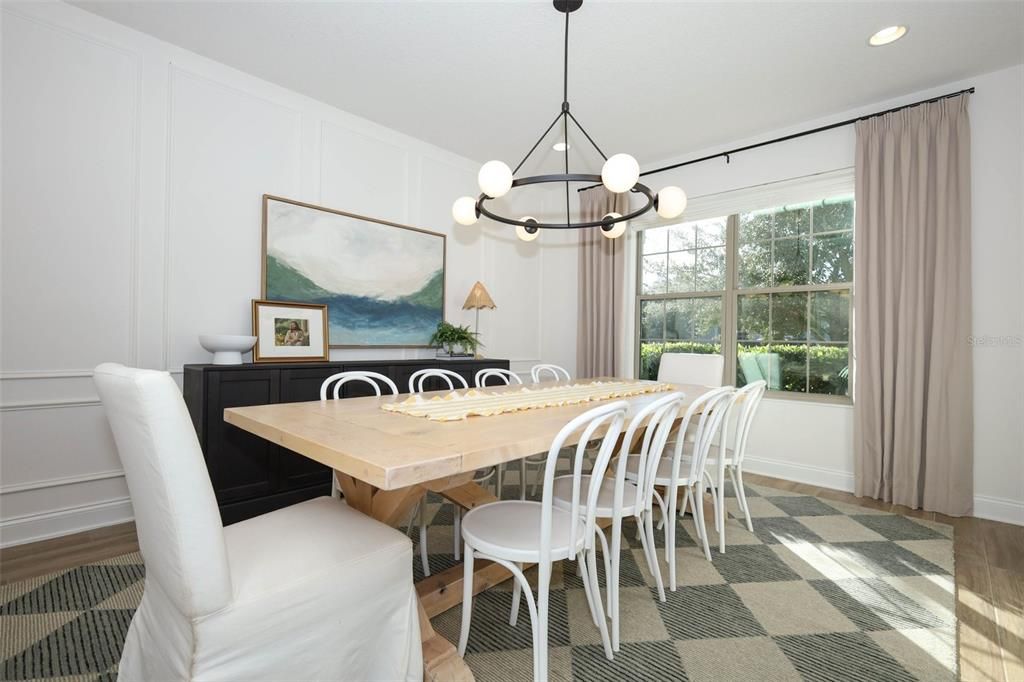 Dining room, Interior, Pendant Lights, Recessed Lighting, Wood Texture Flooring