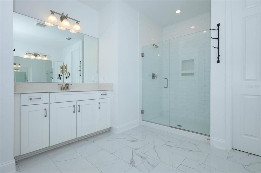 Bathroom, Glass Shower, Interior, Marble, Recessed Lighting