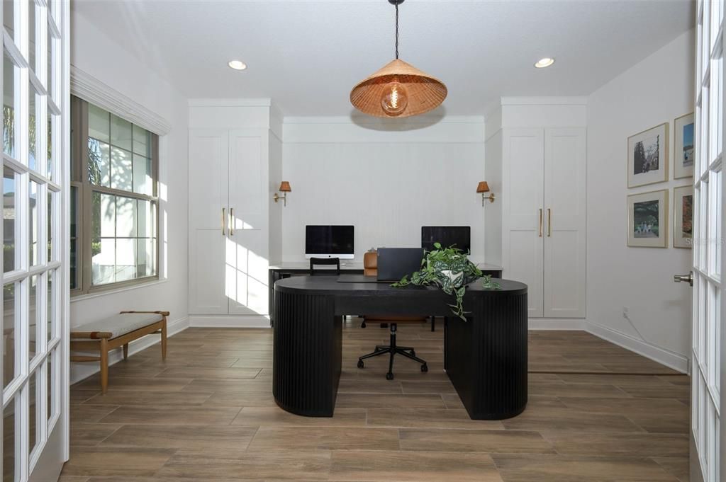 Home Office, Interior, Pendant Lights, Recessed Lighting, Wood Texture Flooring