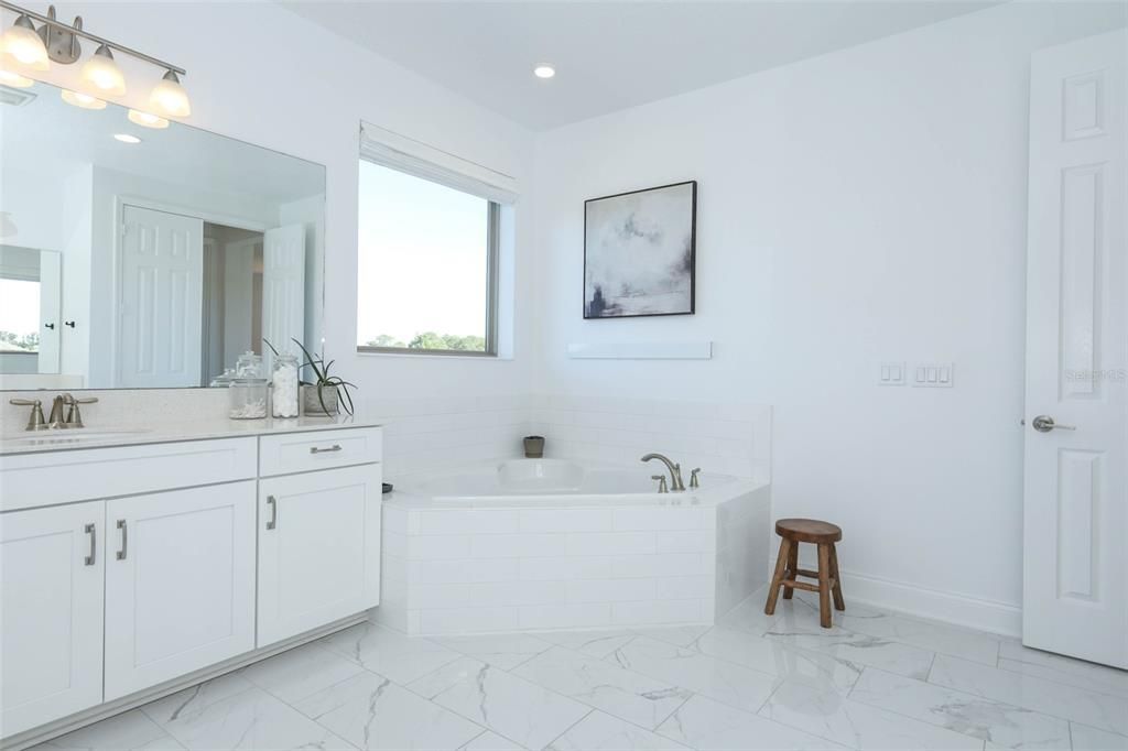 Bathroom, Dual Sink Vanities, Interior, Marble, Recessed Lighting