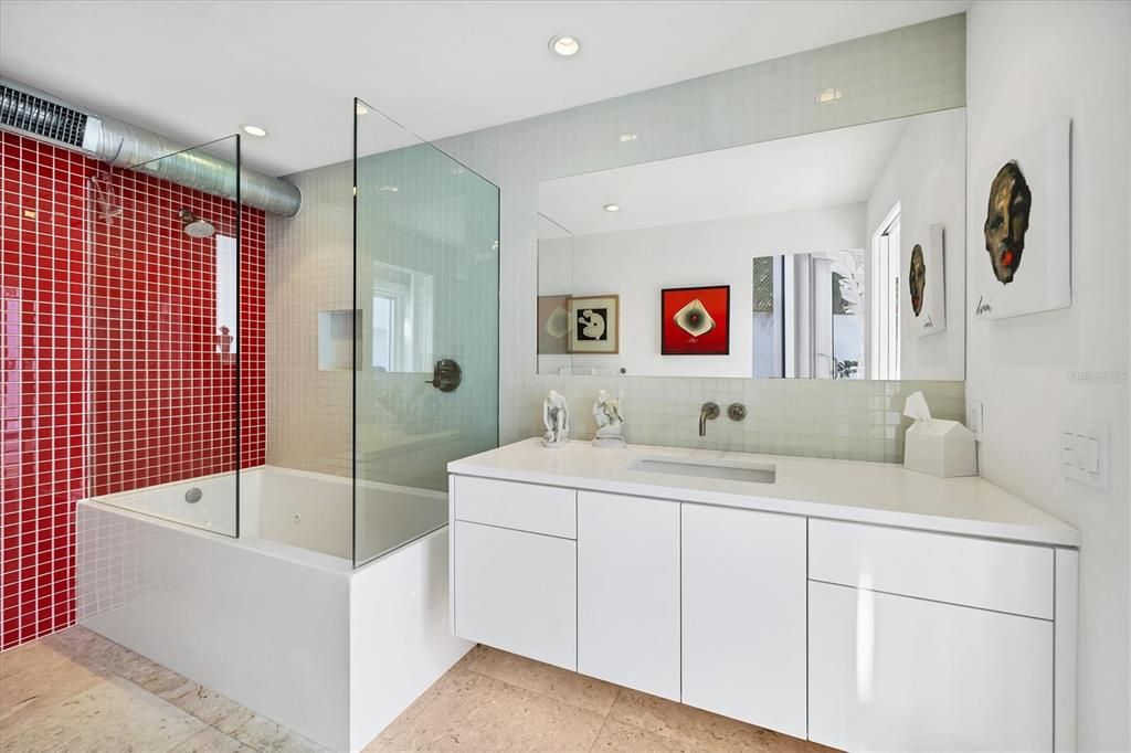 Bathroom, Dual Sink Vanities, Glass Shower, Interior, Recessed Lighting