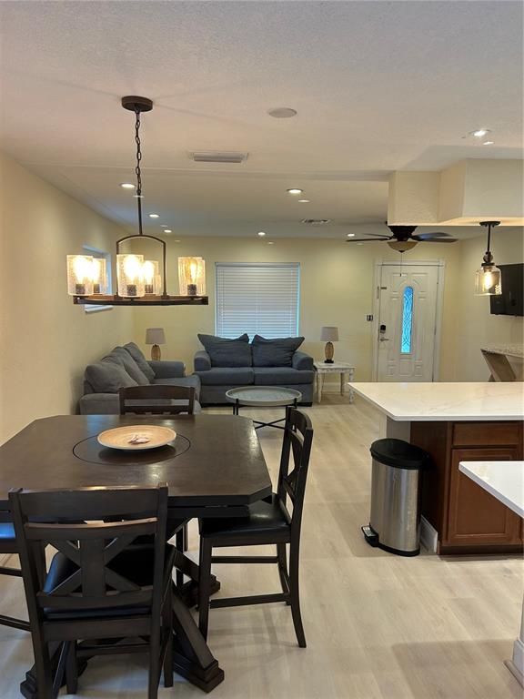 Dining room, Interior, Living room, Pendant Lights, Recessed Lighting, Wood Texture Flooring