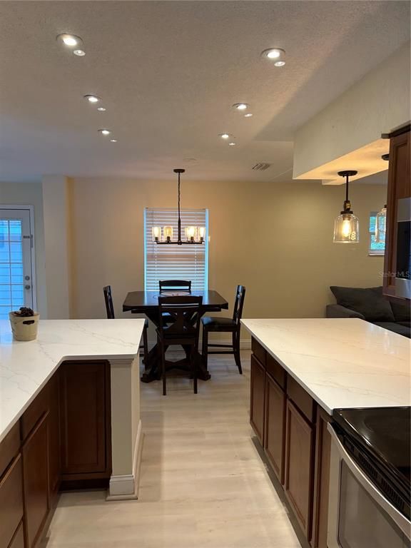 Chandelier, Dining room, Interior, Pendant Lights, Recessed Lighting, Wood Texture Flooring