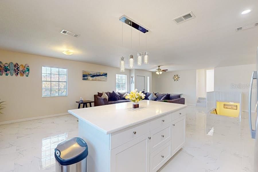 Interior, Kitchen, Marble, Pendant Lights, Recessed Lighting