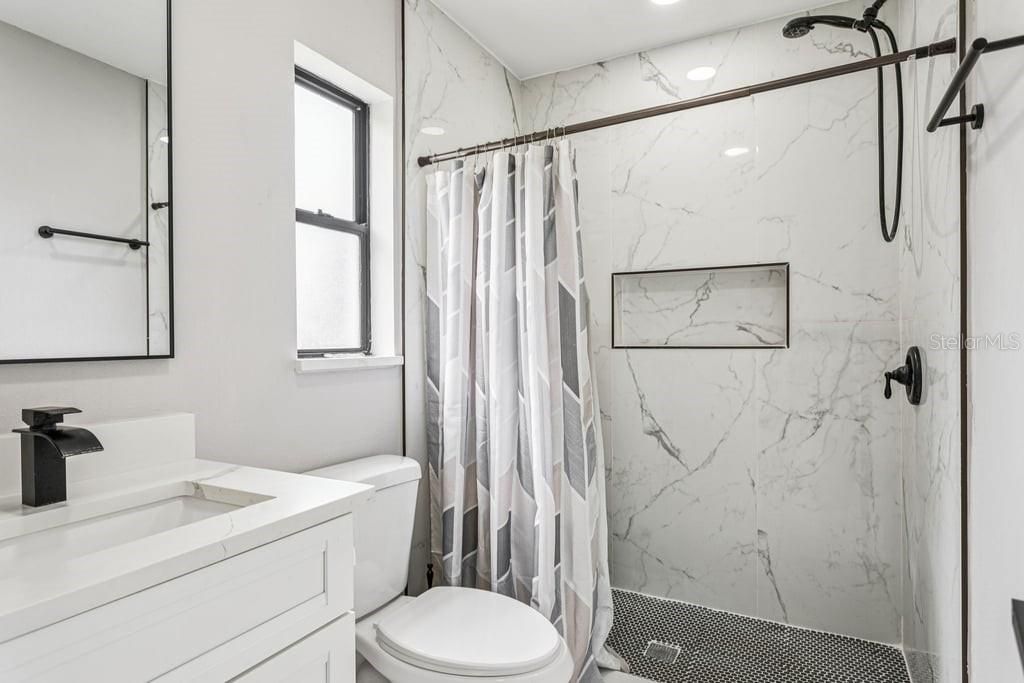 Bathroom, Glass Shower, Interior, Marble Walls, Recessed Lighting