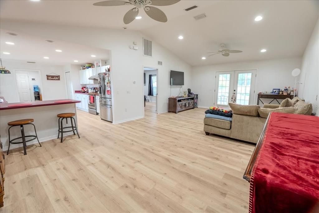 Interior, Kitchen, Living room, Recessed Lighting, Wood Texture Flooring