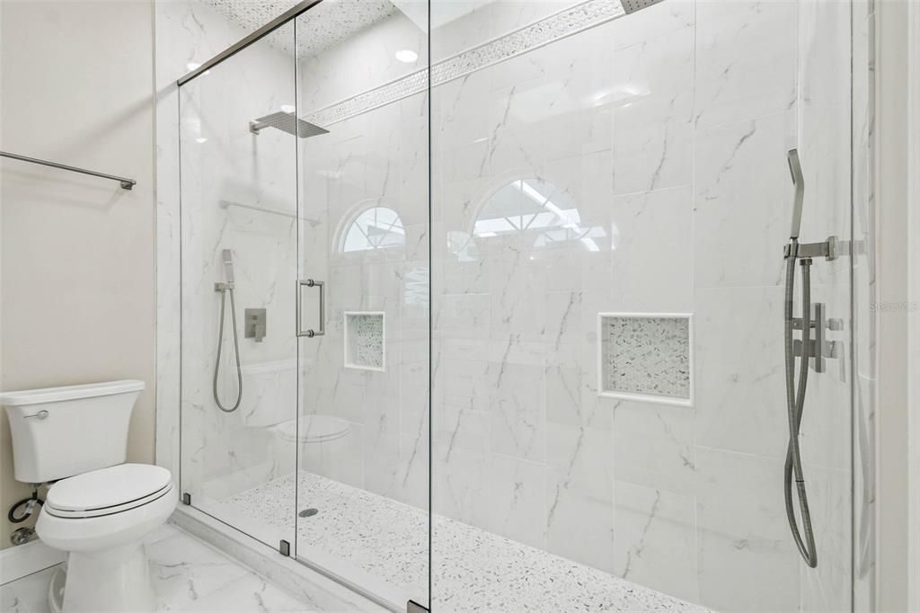 Bathroom, Glass Shower, Interior, Marble, Marble Walls, Recessed Lighting