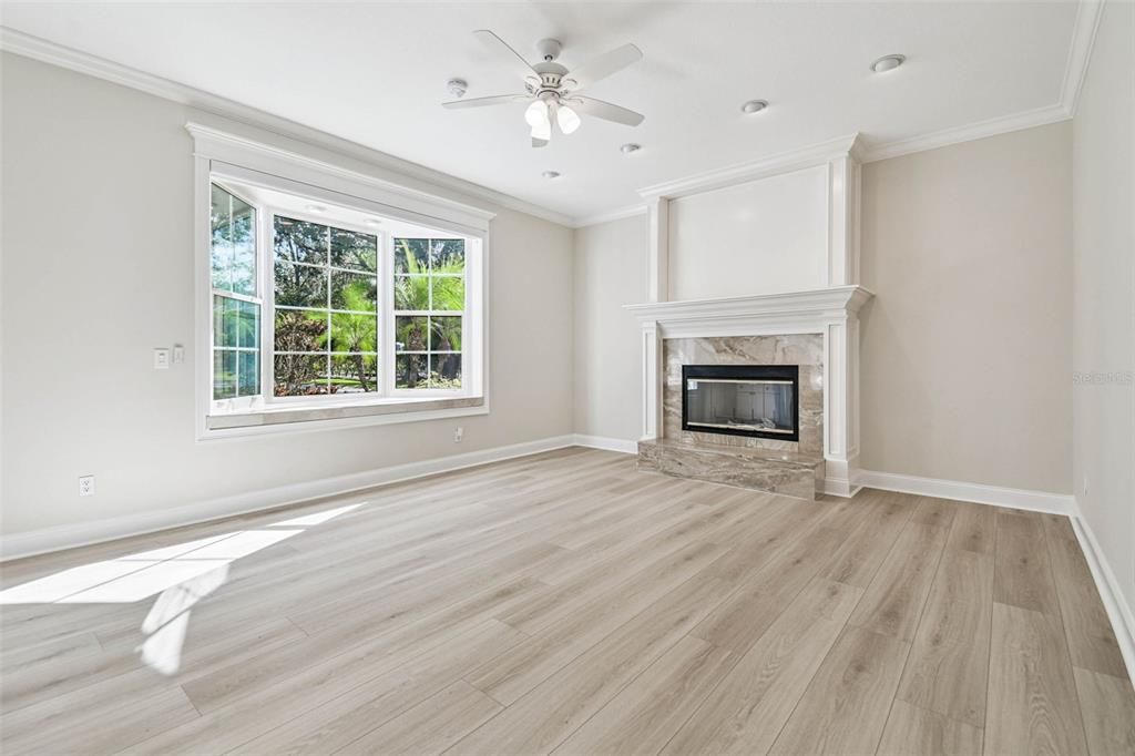 Empty room, Fireplace, Interior, Recessed Lighting, Wood Texture Flooring