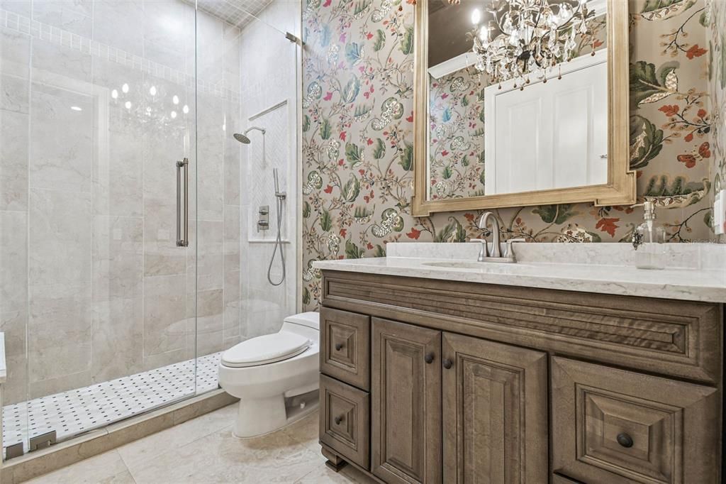 Bathroom, Chandelier, Glass Shower, Interior