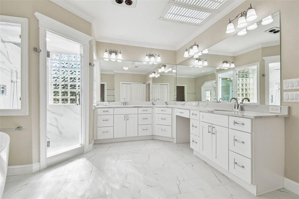 Bathroom, Dual Sink Vanities, Glass Shower, Interior, Marble, Marble Walls