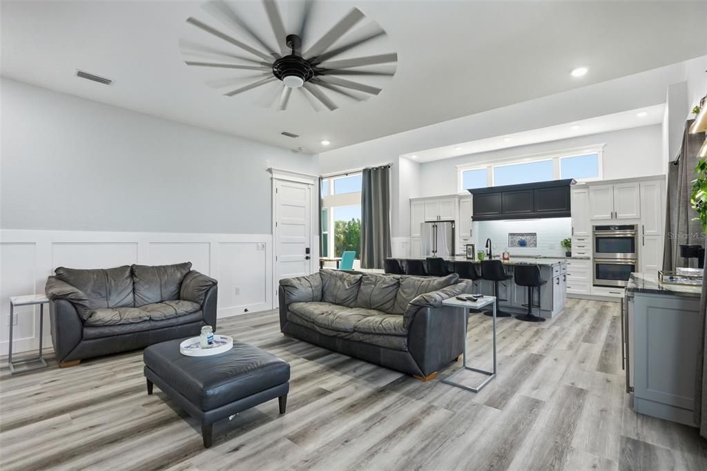 Interior, Kitchen, Living room, Recessed Lighting, Stainless Steel Appliances, Wood Texture Flooring