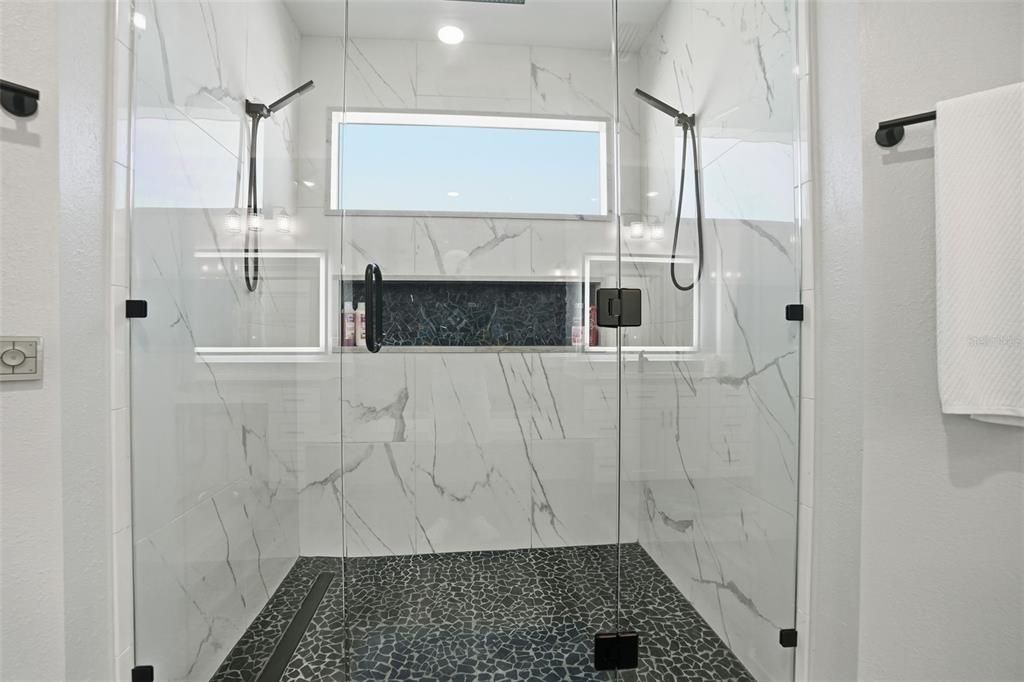 Bathroom, Glass Shower, Interior, Marble Walls, Recessed Lighting