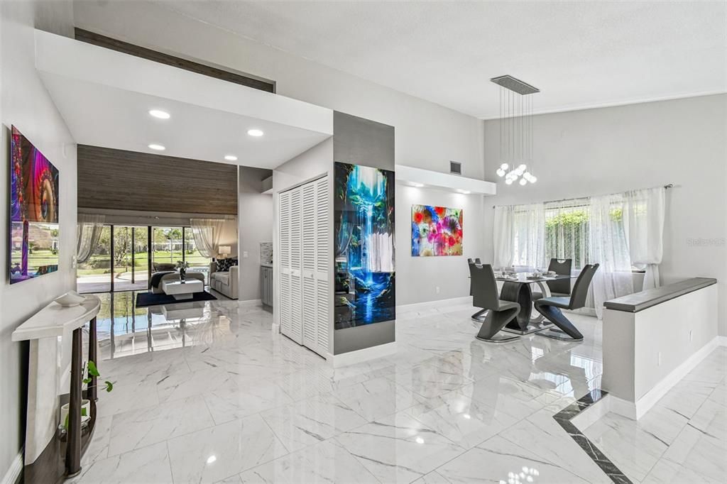 Dining room, Interior, Marble, Pendant Lights, Recessed Lighting, Wooden Walls