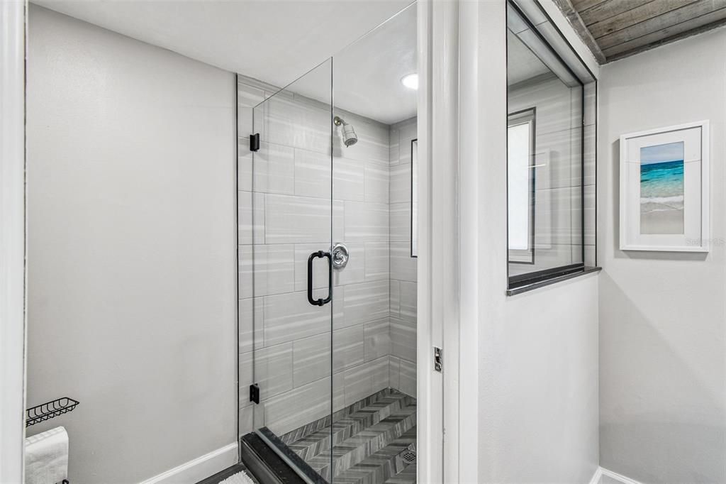 Bathroom, Glass Shower, Interior, Recessed Lighting, Wooden Ceilings