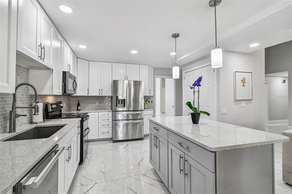Interior, Kitchen, Marble, Pendant Lights, Recessed Lighting, Stainless Steel Appliances