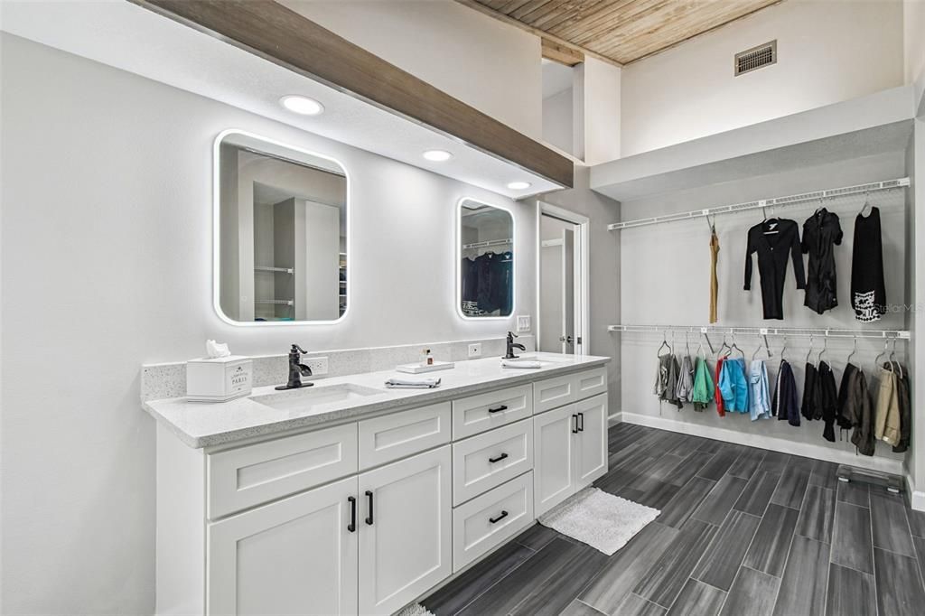 Bathroom, Dual Sink Vanities, Interior, Recessed Lighting, Walk-in Closets, Wooden Ceilings, Wood Texture Flooring