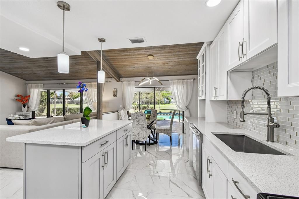 Dining room, Interior, Kitchen, Marble, Pendant Lights, Recessed Lighting, Wooden Ceilings