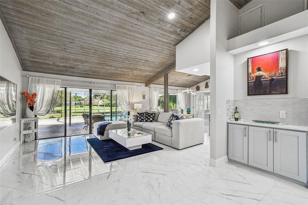 Interior, Living room, Marble, Recessed Lighting, Wooden Ceilings