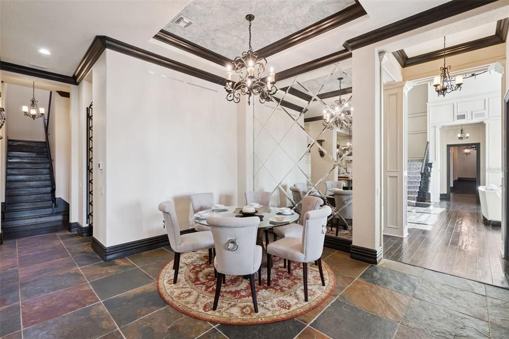Chandelier, Dining room, Interior, Pendant Lights, Recessed Lighting, Wood Texture Flooring