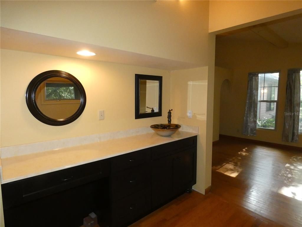 Bathroom, Dual Sink Vanities, Interior, Recessed Lighting, Wood Texture Flooring