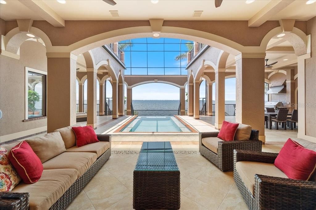 Dining room, Interior, Living room, Pool, Recessed Lighting, Water