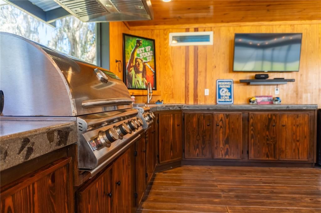 Interior, Kitchen, Stainless Steel Appliances, Wood Texture Flooring, Wooden Walls