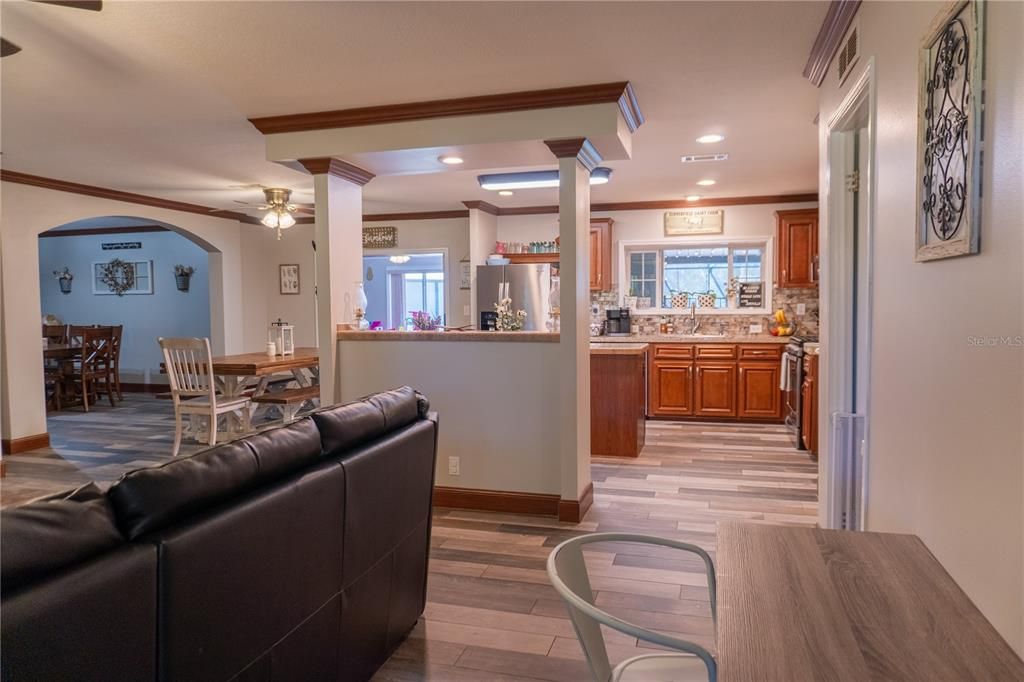 Dining room, Interior, Kitchen, Recessed Lighting, Wood Texture Flooring